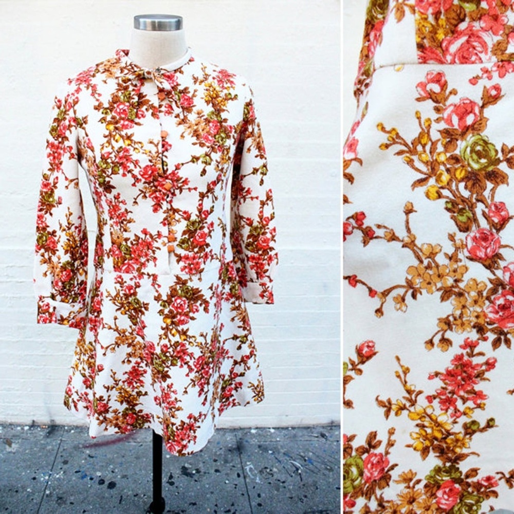 Vtg Japanese Wool Pink Floral Mini Dress - XS